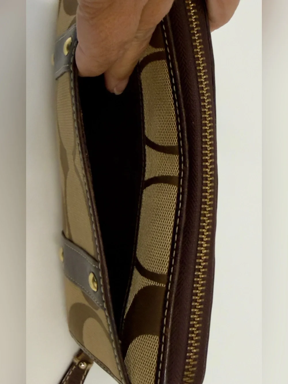 Coach Brown Signature Canvas Wallet with Dark Brown Leather and Gold Hardware